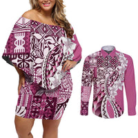 Aloha Vintage Plumeria Hawaiian Tapa Pattern Couples Matching Off Shoulder Short Dress and Long Sleeve Button Shirt Pink Hawaiian Tapa Pattern LT9 Pink - Polynesian Pride