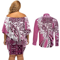 Aloha Vintage Plumeria Hawaiian Tapa Pattern Couples Matching Off Shoulder Short Dress and Long Sleeve Button Shirt Pink Hawaiian Tapa Pattern LT9 - Polynesian Pride