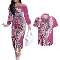 Aloha Vintage Plumeria Hawaiian Tapa Pattern Couples Matching Off The Shoulder Long Sleeve Dress and Hawaiian Shirt Pink Hawaiian Tapa Pattern LT9 Pink - Polynesian Pride
