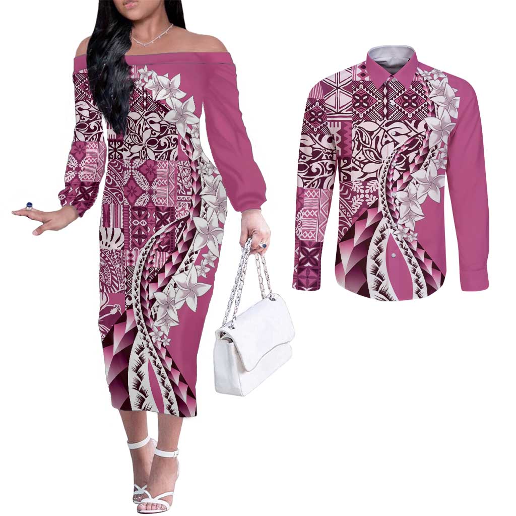 Aloha Vintage Plumeria Hawaiian Tapa Pattern Couples Matching Off The Shoulder Long Sleeve Dress and Long Sleeve Button Shirt Pink Hawaiian Tapa Pattern LT9 Pink - Polynesian Pride
