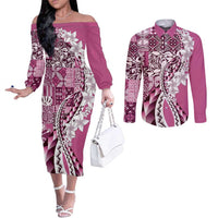 Aloha Vintage Plumeria Hawaiian Tapa Pattern Couples Matching Off The Shoulder Long Sleeve Dress and Long Sleeve Button Shirt Pink Hawaiian Tapa Pattern LT9 Pink - Polynesian Pride