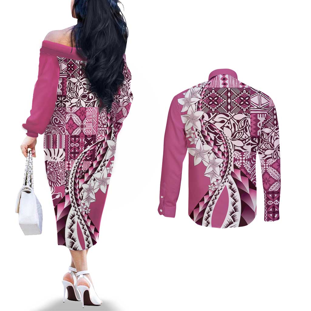 Aloha Vintage Plumeria Hawaiian Tapa Pattern Couples Matching Off The Shoulder Long Sleeve Dress and Long Sleeve Button Shirt Pink Hawaiian Tapa Pattern LT9 - Polynesian Pride