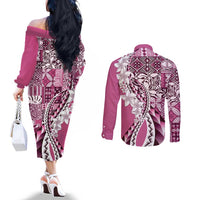 Aloha Vintage Plumeria Hawaiian Tapa Pattern Couples Matching Off The Shoulder Long Sleeve Dress and Long Sleeve Button Shirt Pink Hawaiian Tapa Pattern LT9 - Polynesian Pride