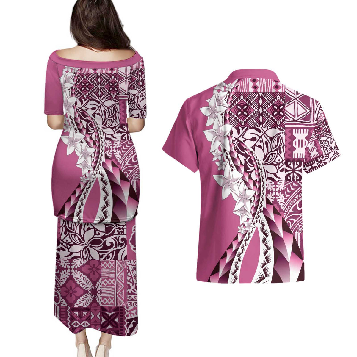 Aloha Vintage Plumeria Hawaiian Tapa Pattern Couples Matching Puletasi and Hawaiian Shirt Pink Hawaiian Tapa Pattern LT9 - Polynesian Pride