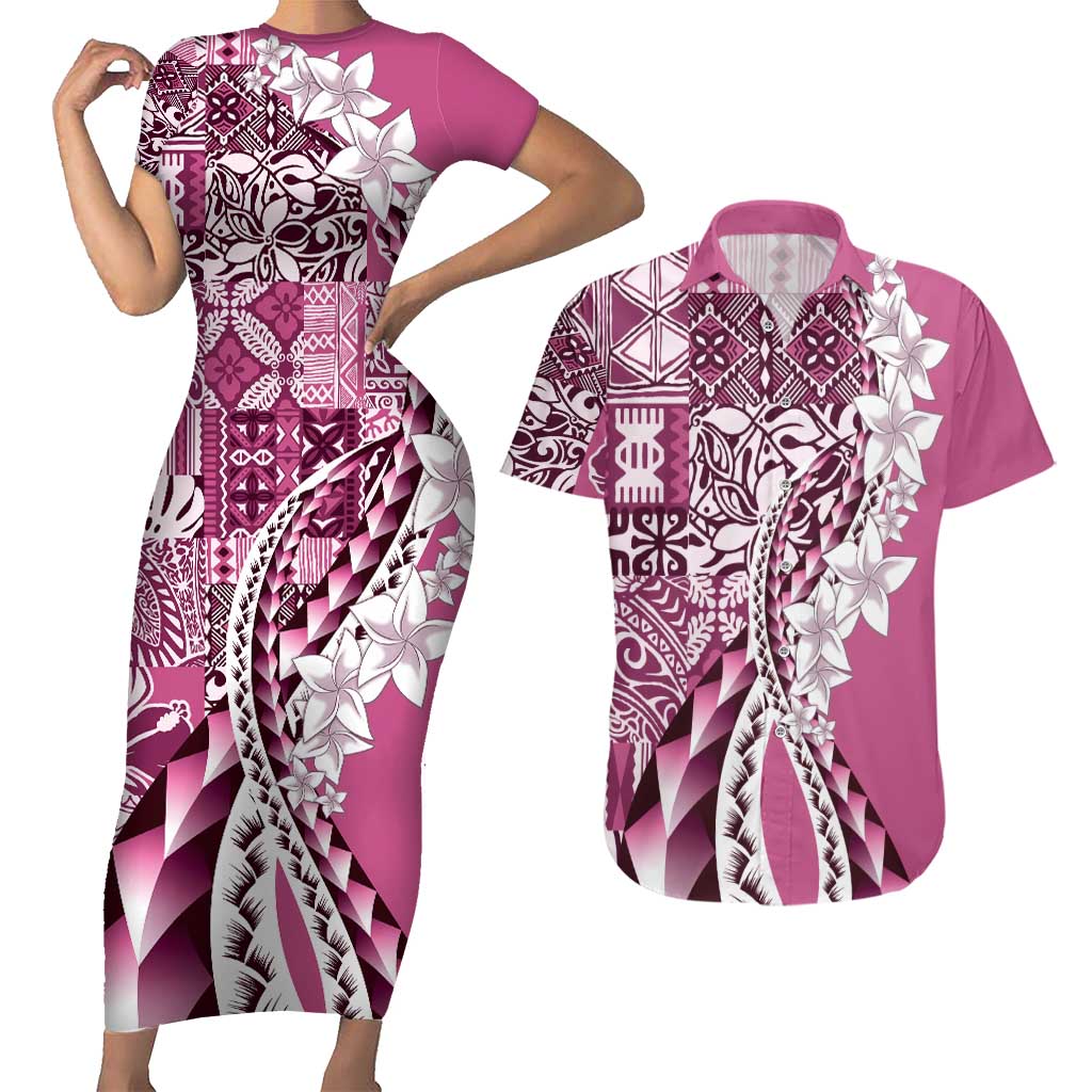 Aloha Vintage Plumeria Hawaiian Tapa Pattern Couples Matching Short Sleeve Bodycon Dress and Hawaiian Shirt Pink Hawaiian Tapa Pattern - Polynesian Pride