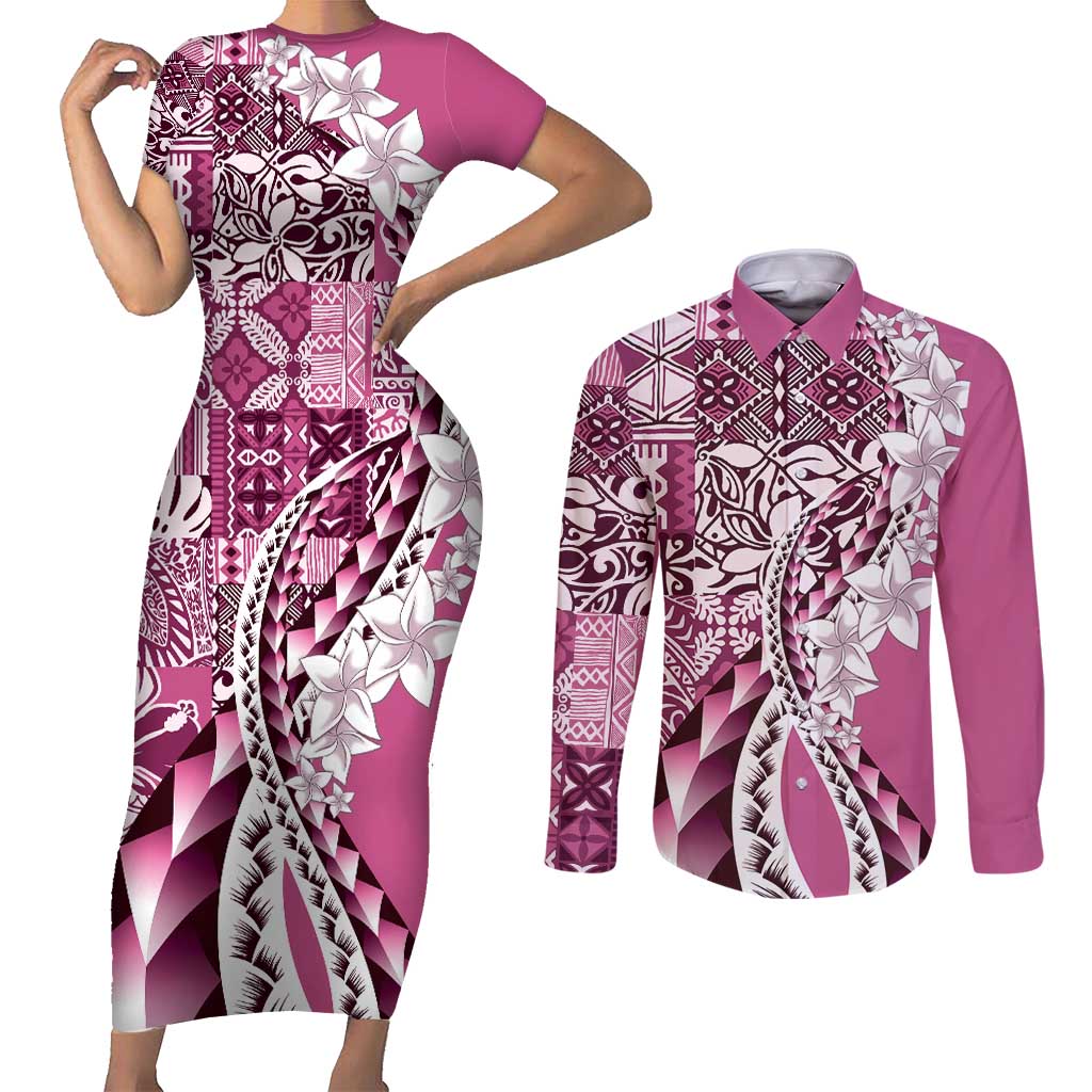 Aloha Vintage Plumeria Hawaiian Tapa Pattern Couples Matching Short Sleeve Bodycon Dress and Long Sleeve Button Shirt Pink Hawaiian Tapa Pattern LT9 Pink - Polynesian Pride
