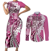 Aloha Vintage Plumeria Hawaiian Tapa Pattern Couples Matching Short Sleeve Bodycon Dress and Long Sleeve Button Shirt Pink Hawaiian Tapa Pattern LT9 Pink - Polynesian Pride