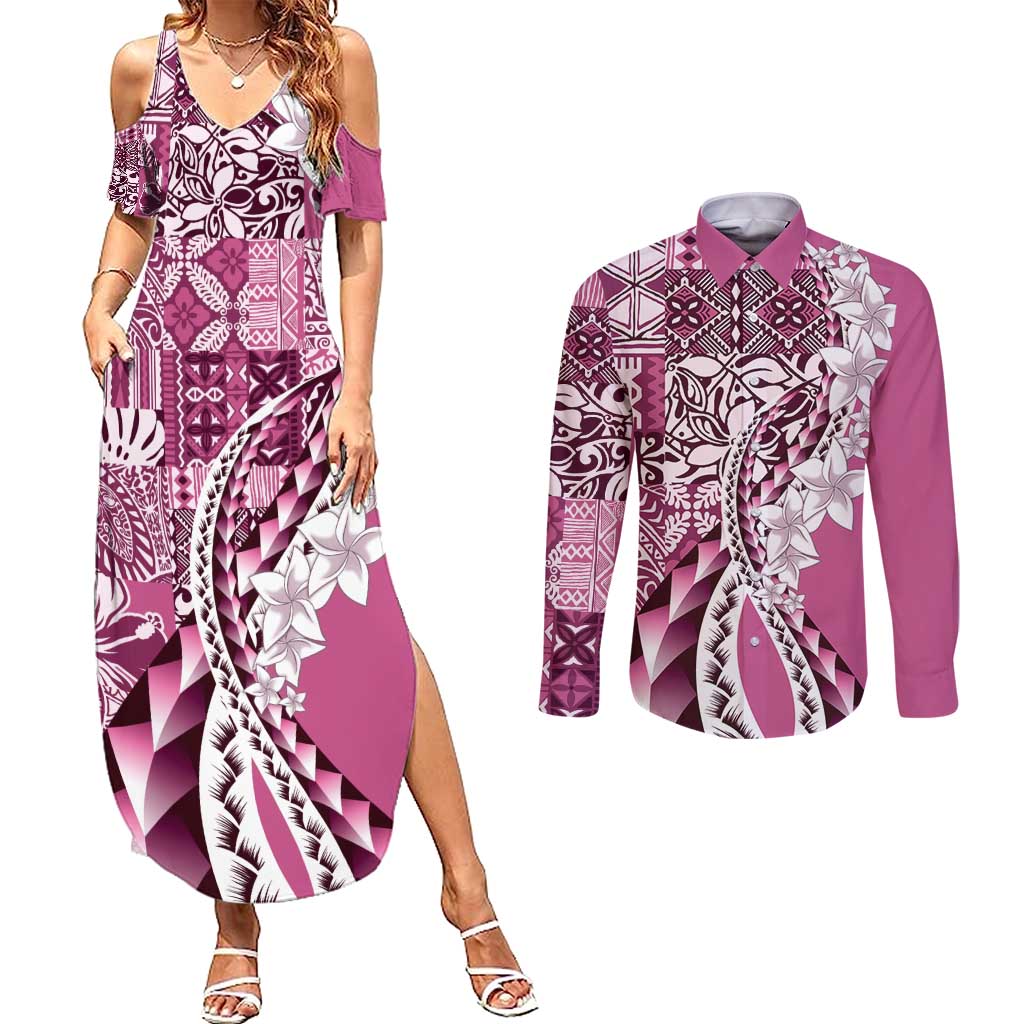 Aloha Vintage Plumeria Hawaiian Tapa Pattern Couples Matching Summer Maxi Dress and Long Sleeve Button Shirt Pink Hawaiian Tapa Pattern LT9 Pink - Polynesian Pride