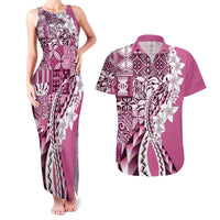 Aloha Vintage Plumeria Hawaiian Tapa Pattern Couples Matching Tank Maxi Dress and Hawaiian Shirt Pink Hawaiian Tapa Pattern LT9 Pink - Polynesian Pride