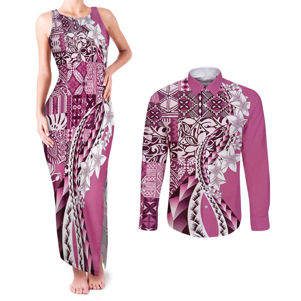 Aloha Vintage Plumeria Hawaiian Tapa Pattern Couples Matching Tank Maxi Dress and Long Sleeve Button Shirt Pink Hawaiian Tapa Pattern LT9 Pink - Polynesian Pride