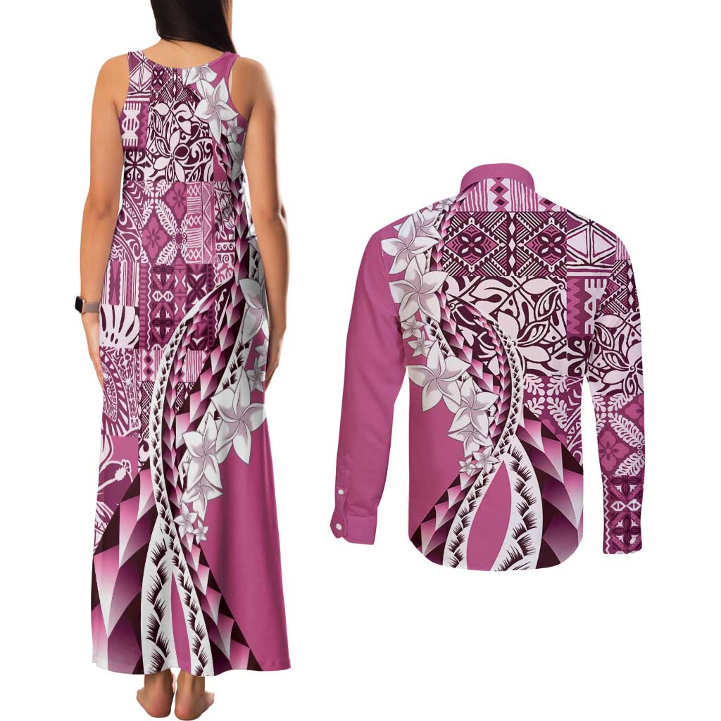 Aloha Vintage Plumeria Hawaiian Tapa Pattern Couples Matching Tank Maxi Dress and Long Sleeve Button Shirt Pink Hawaiian Tapa Pattern LT9 - Polynesian Pride