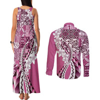 Aloha Vintage Plumeria Hawaiian Tapa Pattern Couples Matching Tank Maxi Dress and Long Sleeve Button Shirt Pink Hawaiian Tapa Pattern LT9 - Polynesian Pride