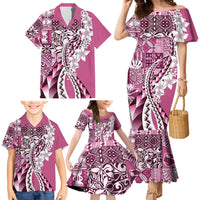 Aloha Vintage Plumeria Hawaiian Tapa Pattern Family Matching Mermaid Dress and Hawaiian Shirt Pink Hawaiian Tapa Pattern LT9 - Polynesian Pride