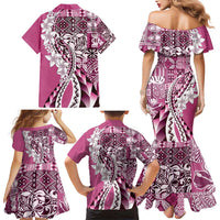 Aloha Vintage Plumeria Hawaiian Tapa Pattern Family Matching Mermaid Dress and Hawaiian Shirt Pink Hawaiian Tapa Pattern LT9 - Polynesian Pride