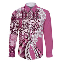 Aloha Vintage Plumeria Hawaiian Tapa Pattern Family Matching Off Shoulder Maxi Dress and Hawaiian Shirt Pink Hawaiian Tapa Pattern LT9 Dad's Shirt - Long Sleeve Pink - Polynesian Pride