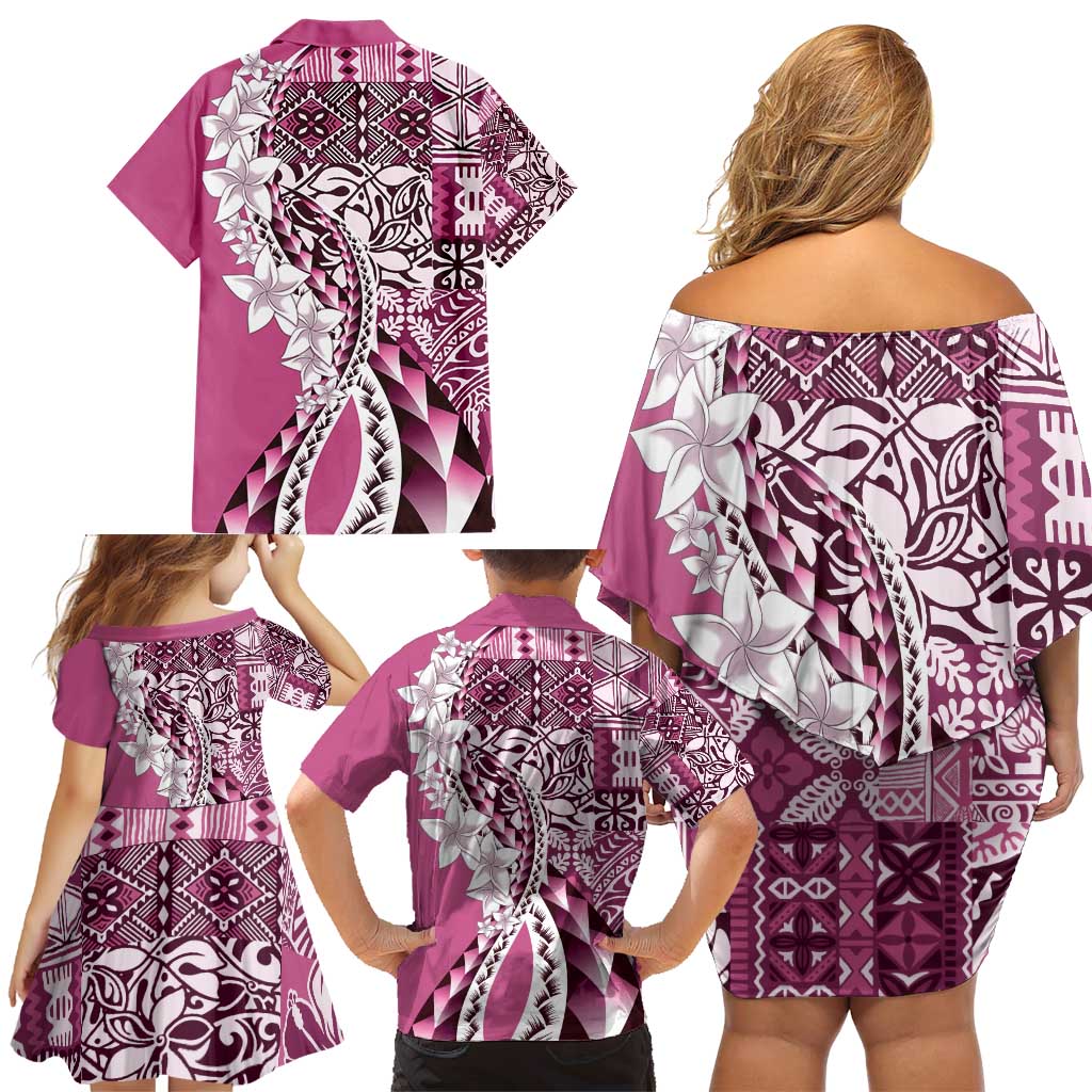 Aloha Vintage Plumeria Hawaiian Tapa Pattern Family Matching Off Shoulder Short Dress and Hawaiian Shirt Pink Hawaiian Tapa Pattern LT9 - Polynesian Pride