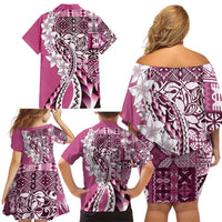Aloha Vintage Plumeria Hawaiian Tapa Pattern Family Matching Off Shoulder Short Dress and Hawaiian Shirt Pink Hawaiian Tapa Pattern LT9 - Polynesian Pride