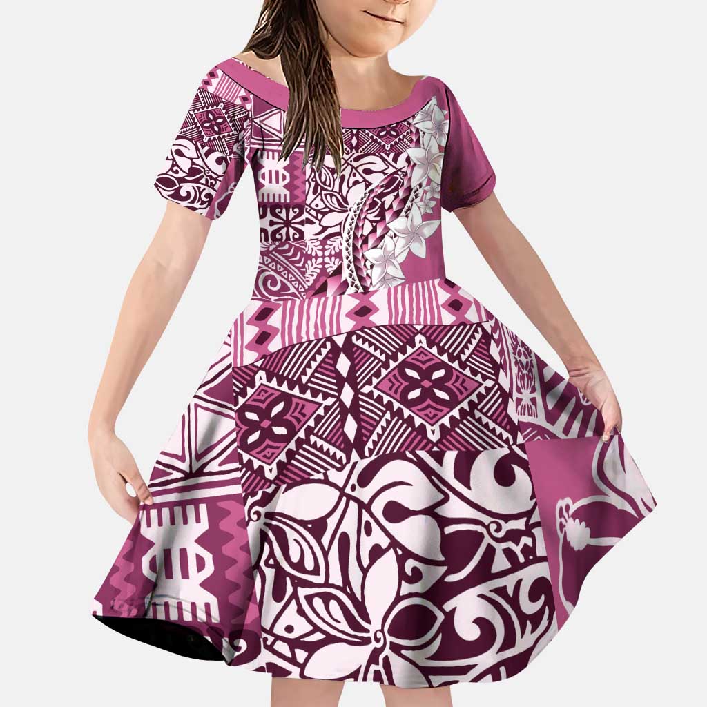 Aloha Vintage Plumeria Hawaiian Tapa Pattern Family Matching Puletasi and Hawaiian Shirt Pink Hawaiian Tapa Pattern LT9 Daughter's Dress Pink - Polynesian Pride