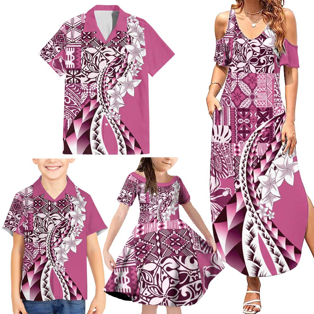 Aloha Vintage Plumeria Hawaiian Tapa Pattern Family Matching Summer Maxi Dress and Hawaiian Shirt Pink Hawaiian Tapa Pattern LT9 - Polynesian Pride