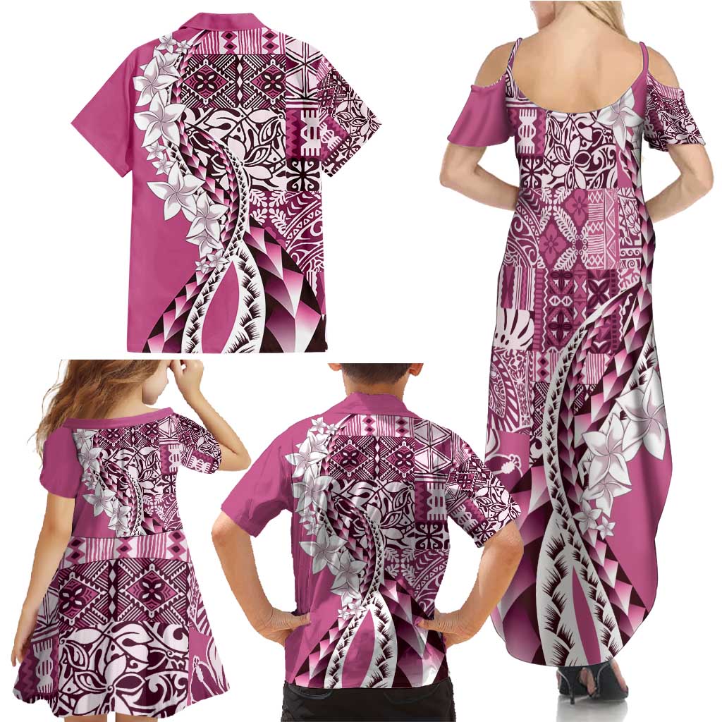 Aloha Vintage Plumeria Hawaiian Tapa Pattern Family Matching Summer Maxi Dress and Hawaiian Shirt Pink Hawaiian Tapa Pattern LT9 - Polynesian Pride