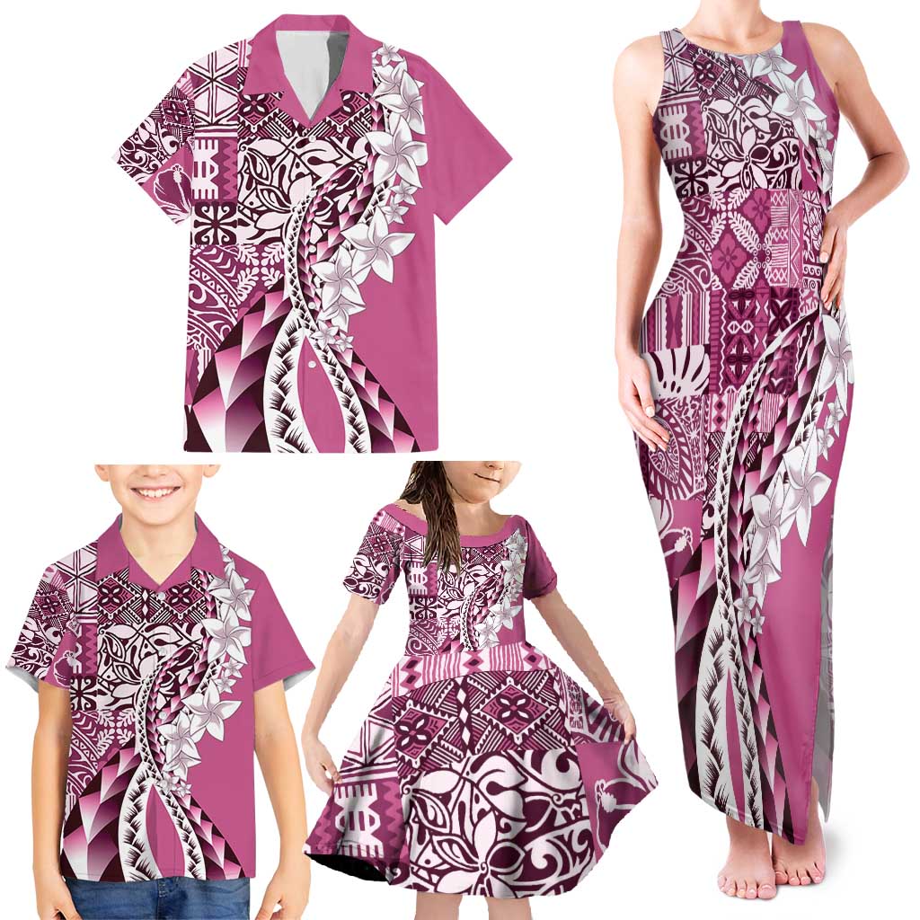 Aloha Vintage Plumeria Hawaiian Tapa Pattern Family Matching Tank Maxi Dress and Hawaiian Shirt Pink Hawaiian Tapa Pattern - Polynesian Pride