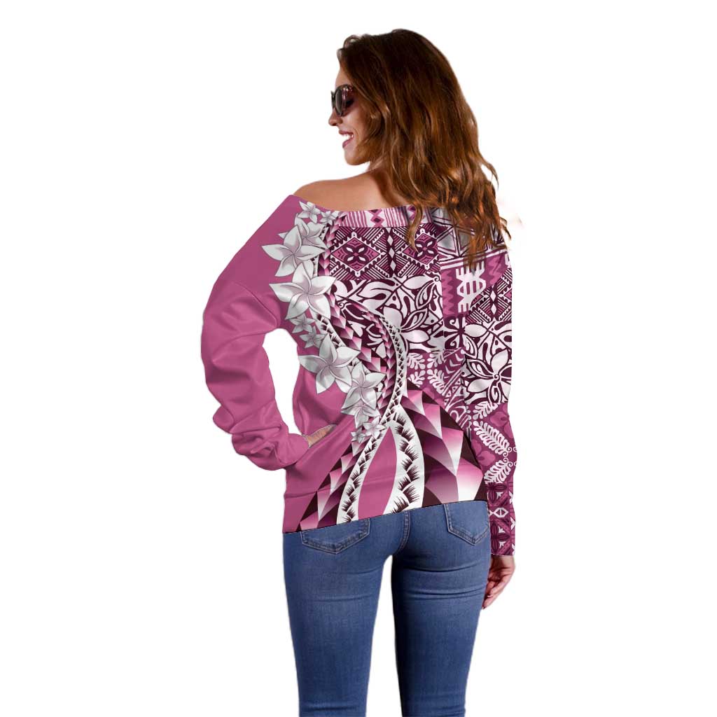 Aloha Vintage Plumeria Hawaiian Tapa Pattern Off Shoulder Sweater Pink Hawaiian Tapa Pattern - Polynesian Pride