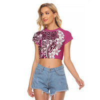 Aloha Vintage Plumeria Hawaiian Tapa Pattern Raglan Cropped T Shirt Pink Hawaiian Tapa Pattern - Polynesian Pride