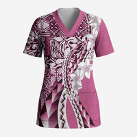 Aloha Vintage Plumeria Hawaiian Tapa Pattern Scrub Top Pink Hawaiian Tapa Pattern - Polynesian Pride