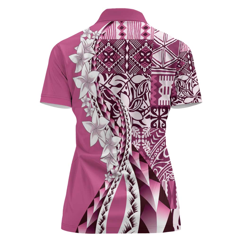 Aloha Vintage Plumeria Hawaiian Tapa Pattern Women Polo Shirt Pink Hawaiian Tapa Pattern - Polynesian Pride