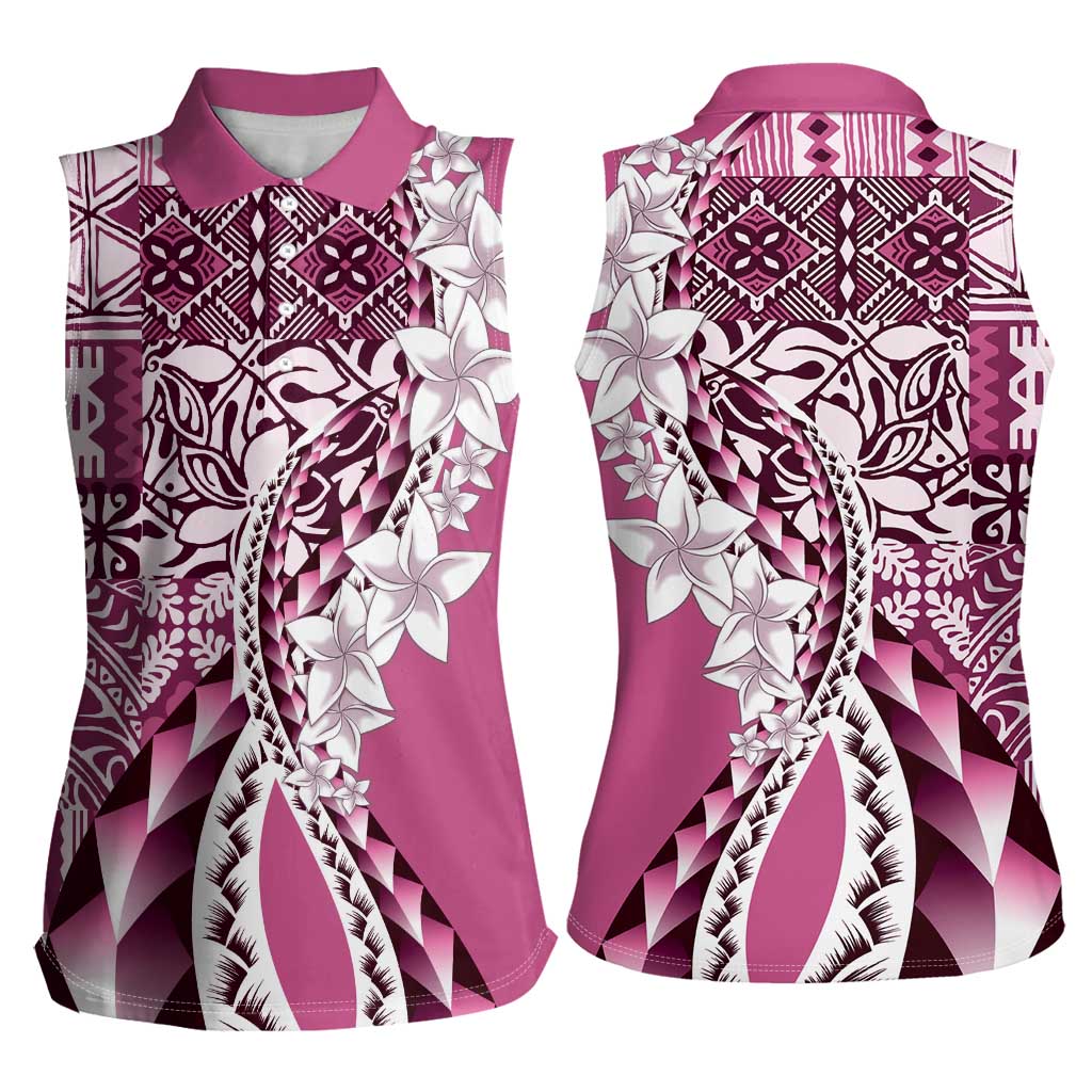 Aloha Vintage Plumeria Hawaiian Tapa Pattern Women Sleeveless Polo Shirt Pink Hawaiian Tapa Pattern LT9 - Polynesian Pride