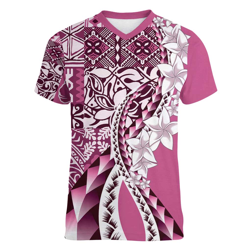 Aloha Vintage Plumeria Hawaiian Tapa Pattern Women V-Neck T-Shirt Pink Hawaiian Tapa Pattern LT9 Female Pink - Polynesian Pride