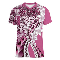 Aloha Vintage Plumeria Hawaiian Tapa Pattern Women V-Neck T-Shirt Pink Hawaiian Tapa Pattern LT9 Female Pink - Polynesian Pride