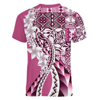 Aloha Vintage Plumeria Hawaiian Tapa Pattern Women V-Neck T-Shirt Pink Hawaiian Tapa Pattern LT9 - Polynesian Pride