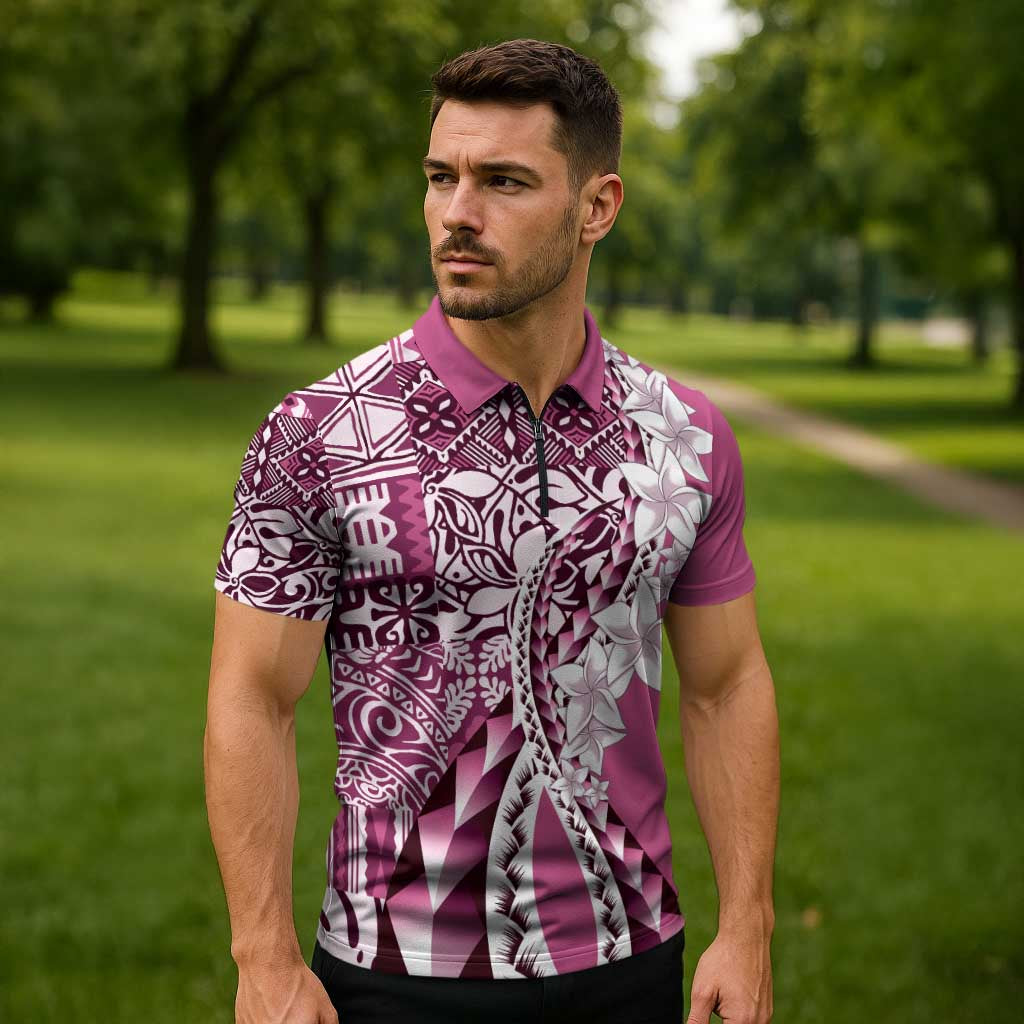 Aloha Vintage Plumeria Hawaiian Tapa Pattern Zipper Polo Shirt Pink Hawaiian Tapa Pattern - Polynesian Pride