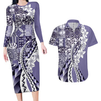 Aloha Vintage Plumeria Hawaiian Tapa Pattern Couples Matching Long Sleeve Bodycon Dress and Hawaiian Shirt Purple Hawaiian Tapa Pattern LT9 Purple - Polynesian Pride