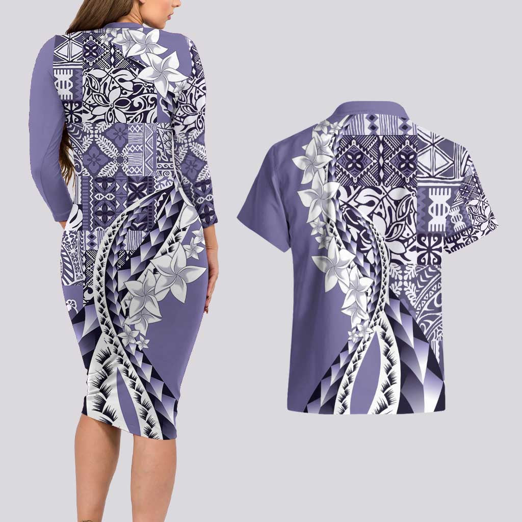 Aloha Vintage Plumeria Hawaiian Tapa Pattern Couples Matching Long Sleeve Bodycon Dress and Hawaiian Shirt Purple Hawaiian Tapa Pattern LT9 - Polynesian Pride
