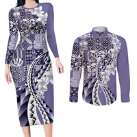 Aloha Vintage Plumeria Hawaiian Tapa Pattern Couples Matching Long Sleeve Bodycon Dress and Long Sleeve Button Shirt Purple Hawaiian Tapa Pattern LT9 Purple - Polynesian Pride