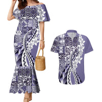 Aloha Vintage Plumeria Hawaiian Tapa Pattern Couples Matching Mermaid Dress and Hawaiian Shirt Purple Hawaiian Tapa Pattern LT9 Purple - Polynesian Pride