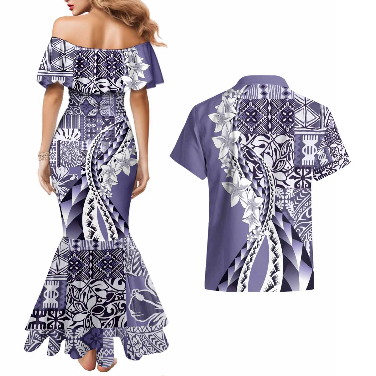 Aloha Vintage Plumeria Hawaiian Tapa Pattern Couples Matching Mermaid Dress and Hawaiian Shirt Purple Hawaiian Tapa Pattern LT9 - Polynesian Pride