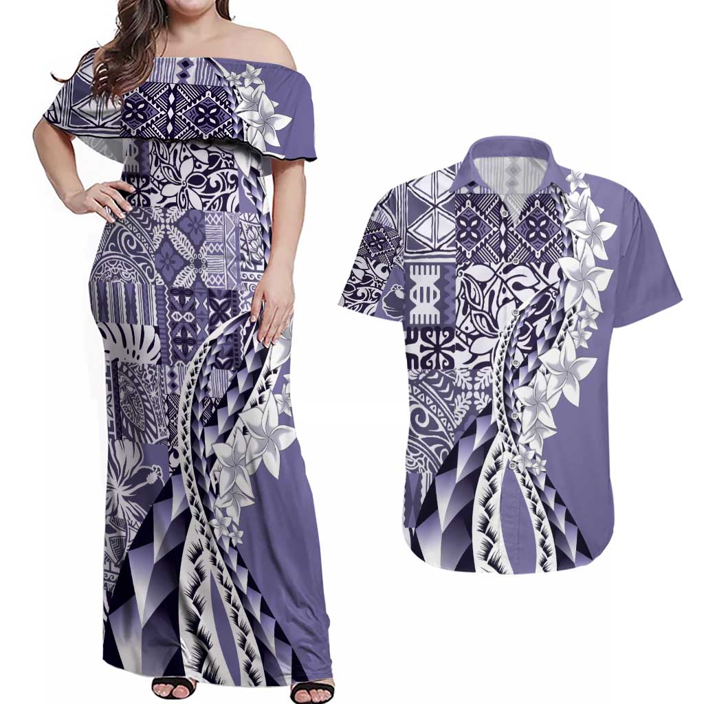 Aloha Vintage Plumeria Hawaiian Tapa Pattern Couples Matching Off Shoulder Maxi Dress and Hawaiian Shirt Purple Hawaiian Tapa Pattern LT9 Purple - Polynesian Pride