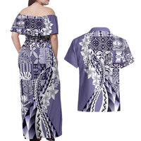 Aloha Vintage Plumeria Hawaiian Tapa Pattern Couples Matching Off Shoulder Maxi Dress and Hawaiian Shirt Purple Hawaiian Tapa Pattern LT9 - Polynesian Pride