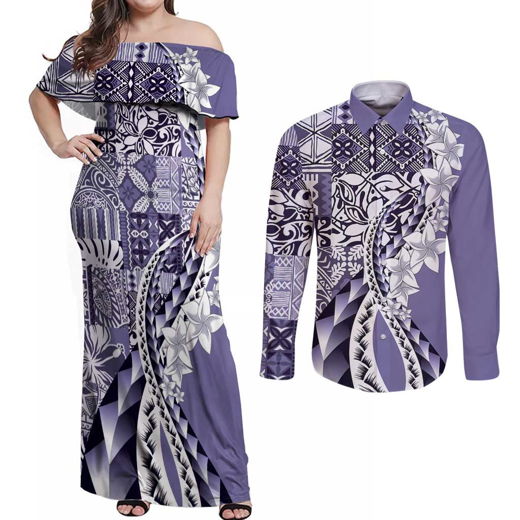 Aloha Vintage Plumeria Hawaiian Tapa Pattern Couples Matching Off Shoulder Maxi Dress and Long Sleeve Button Shirt Purple Hawaiian Tapa Pattern LT9 Purple - Polynesian Pride