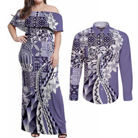 Aloha Vintage Plumeria Hawaiian Tapa Pattern Couples Matching Off Shoulder Maxi Dress and Long Sleeve Button Shirt Purple Hawaiian Tapa Pattern LT9 Purple - Polynesian Pride