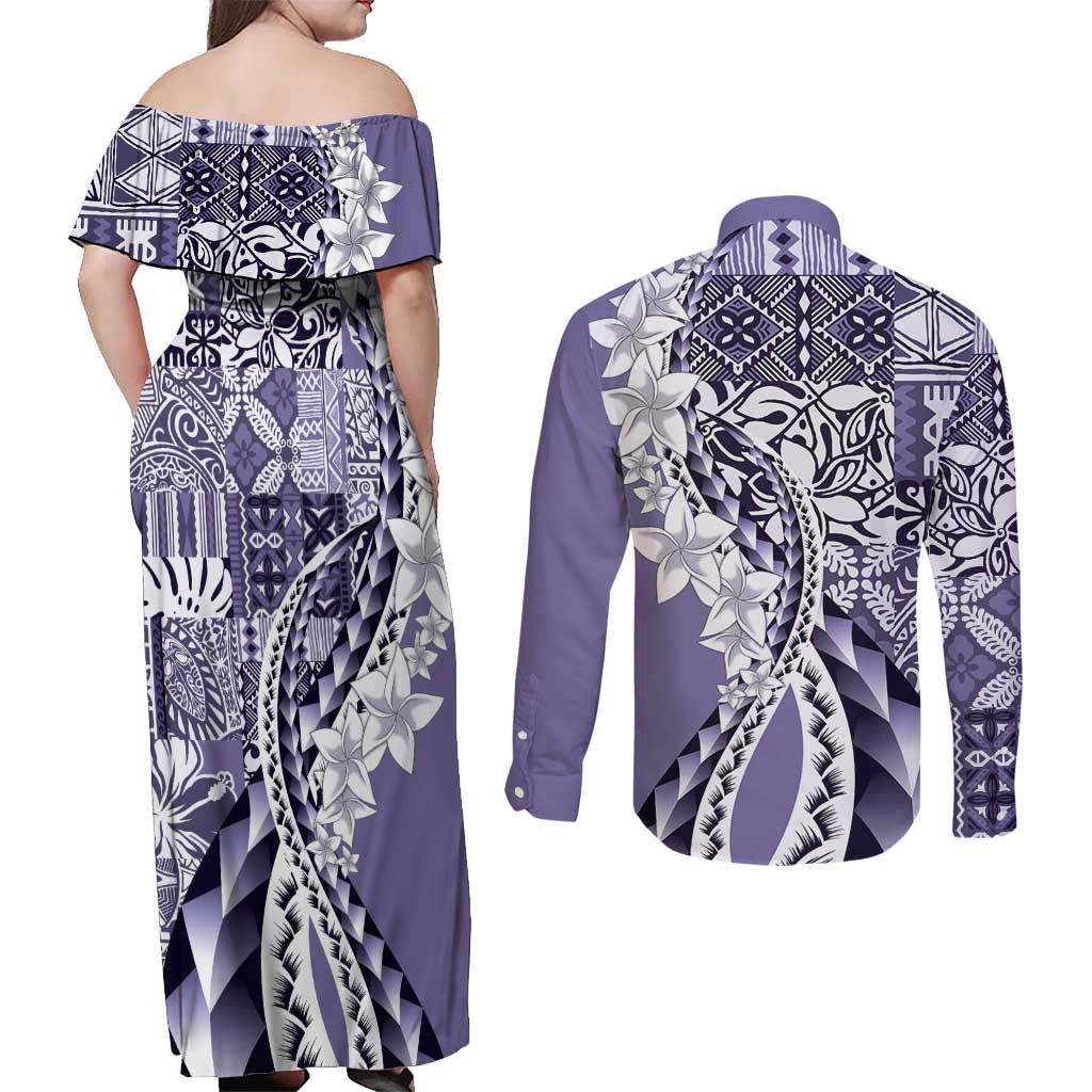 Aloha Vintage Plumeria Hawaiian Tapa Pattern Couples Matching Off Shoulder Maxi Dress and Long Sleeve Button Shirt Purple Hawaiian Tapa Pattern LT9 - Polynesian Pride