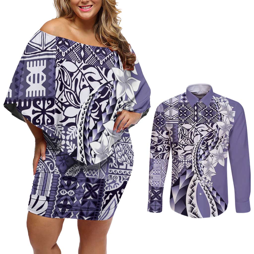 Aloha Vintage Plumeria Hawaiian Tapa Pattern Couples Matching Off Shoulder Short Dress and Long Sleeve Button Shirt Purple Hawaiian Tapa Pattern LT9 Purple - Polynesian Pride