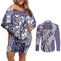 Aloha Vintage Plumeria Hawaiian Tapa Pattern Couples Matching Off Shoulder Short Dress and Long Sleeve Button Shirt Purple Hawaiian Tapa Pattern LT9 Purple - Polynesian Pride
