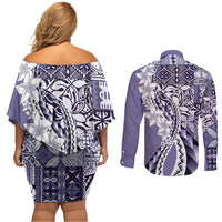 Aloha Vintage Plumeria Hawaiian Tapa Pattern Couples Matching Off Shoulder Short Dress and Long Sleeve Button Shirt Purple Hawaiian Tapa Pattern LT9 - Polynesian Pride