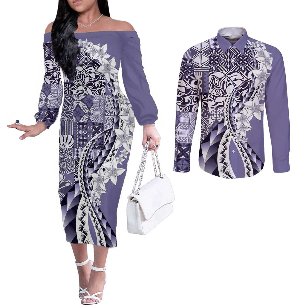 Aloha Vintage Plumeria Hawaiian Tapa Pattern Couples Matching Off The Shoulder Long Sleeve Dress and Long Sleeve Button Shirt Purple Hawaiian Tapa Pattern LT9 Purple - Polynesian Pride