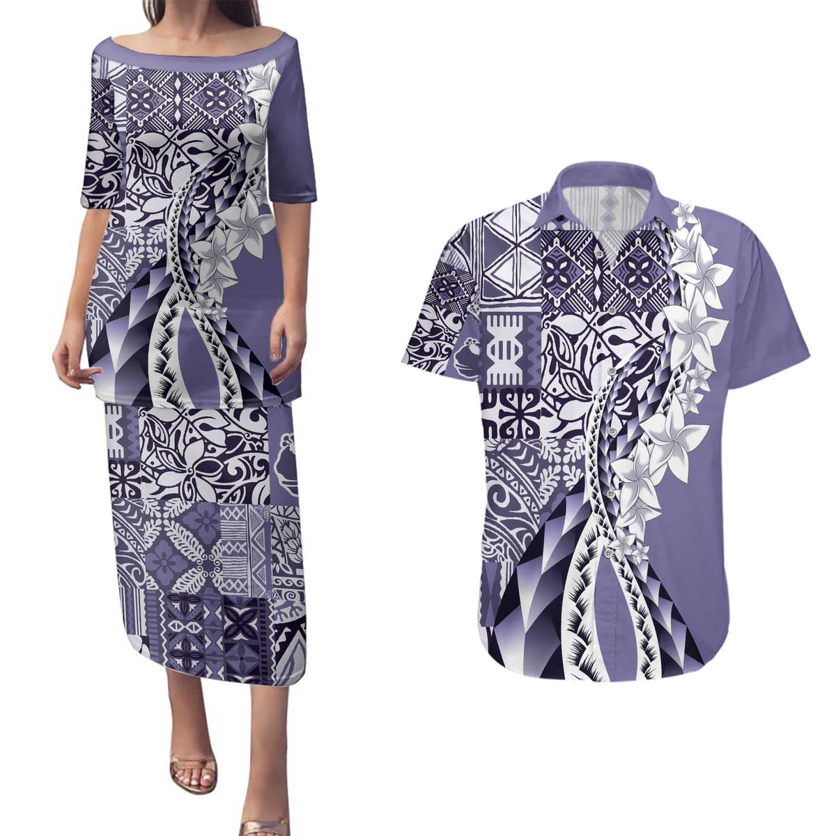 Aloha Vintage Plumeria Hawaiian Tapa Pattern Couples Matching Puletasi and Hawaiian Shirt Purple Hawaiian Tapa Pattern LT9 Purple - Polynesian Pride