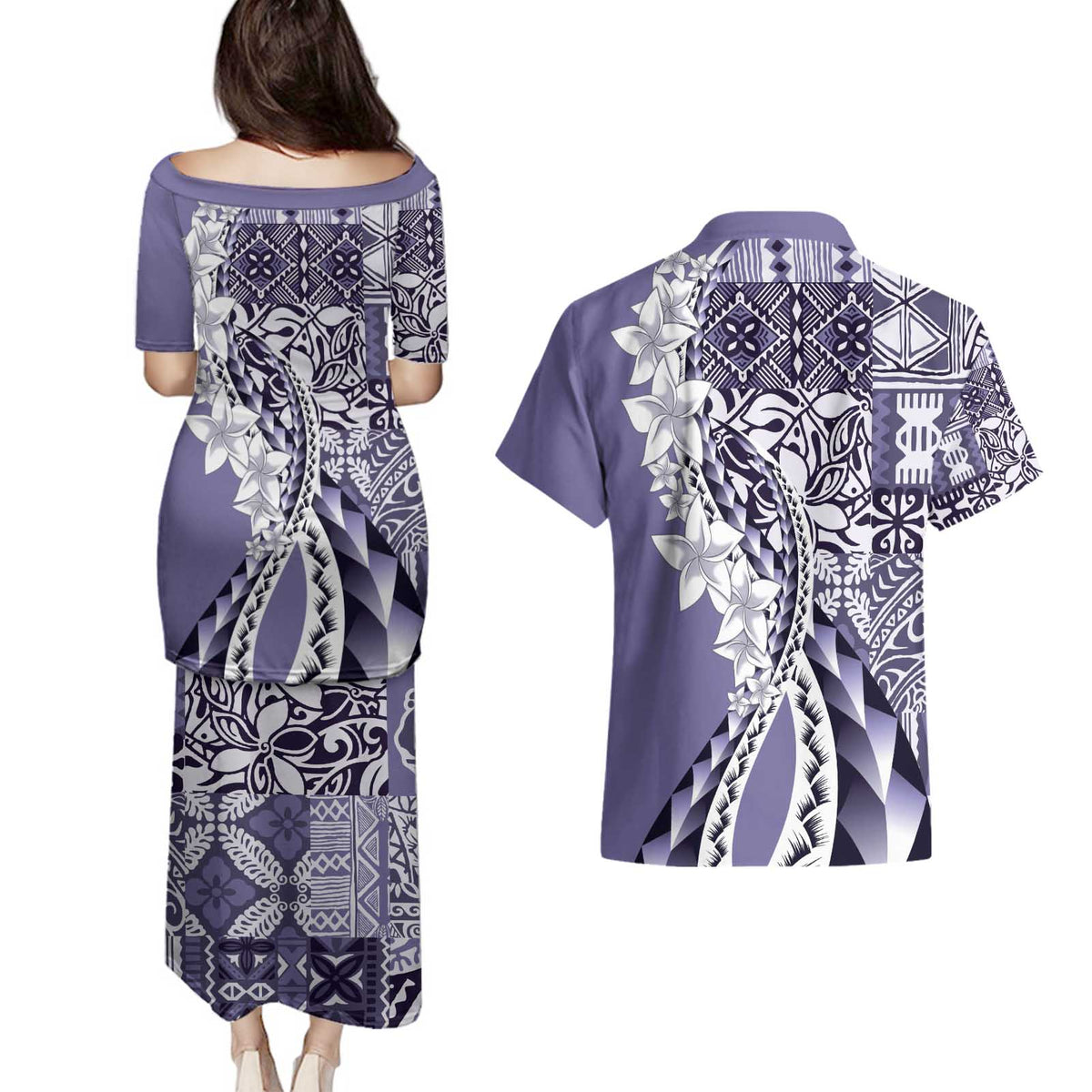 Aloha Vintage Plumeria Hawaiian Tapa Pattern Couples Matching Puletasi and Hawaiian Shirt Purple Hawaiian Tapa Pattern LT9 - Polynesian Pride